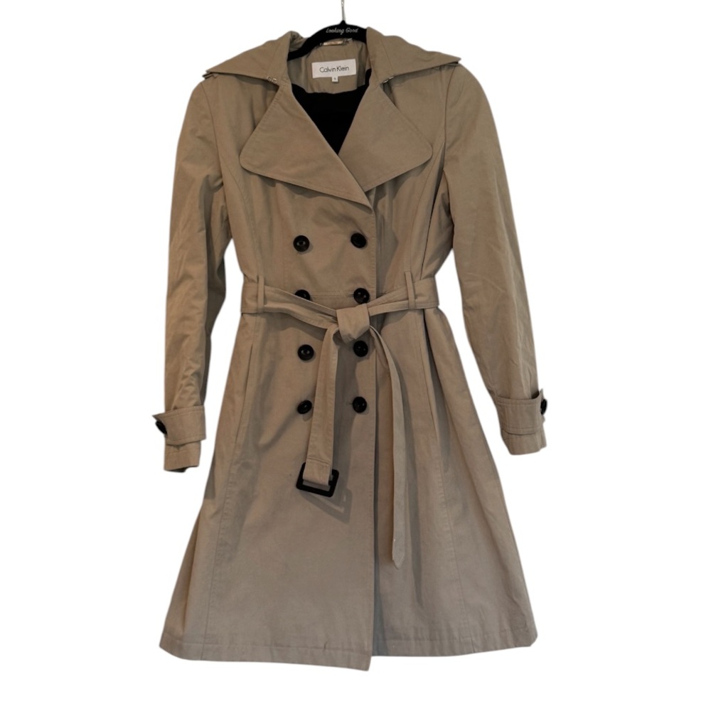 Calvin Klein Khaki Double-Breasted A-Line Belted Trench Coat Size Small
